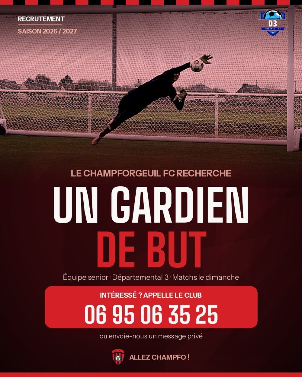 Affiche de recrutement : le Champforgeuil FC recherche un gardien de but